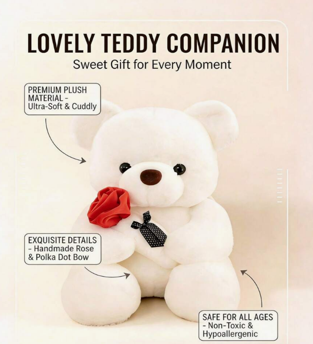 POKOJA LAND 1 PC-White Teddy Bear Plush Toy, Cute Plush Teddy Bear, Valentine's Day